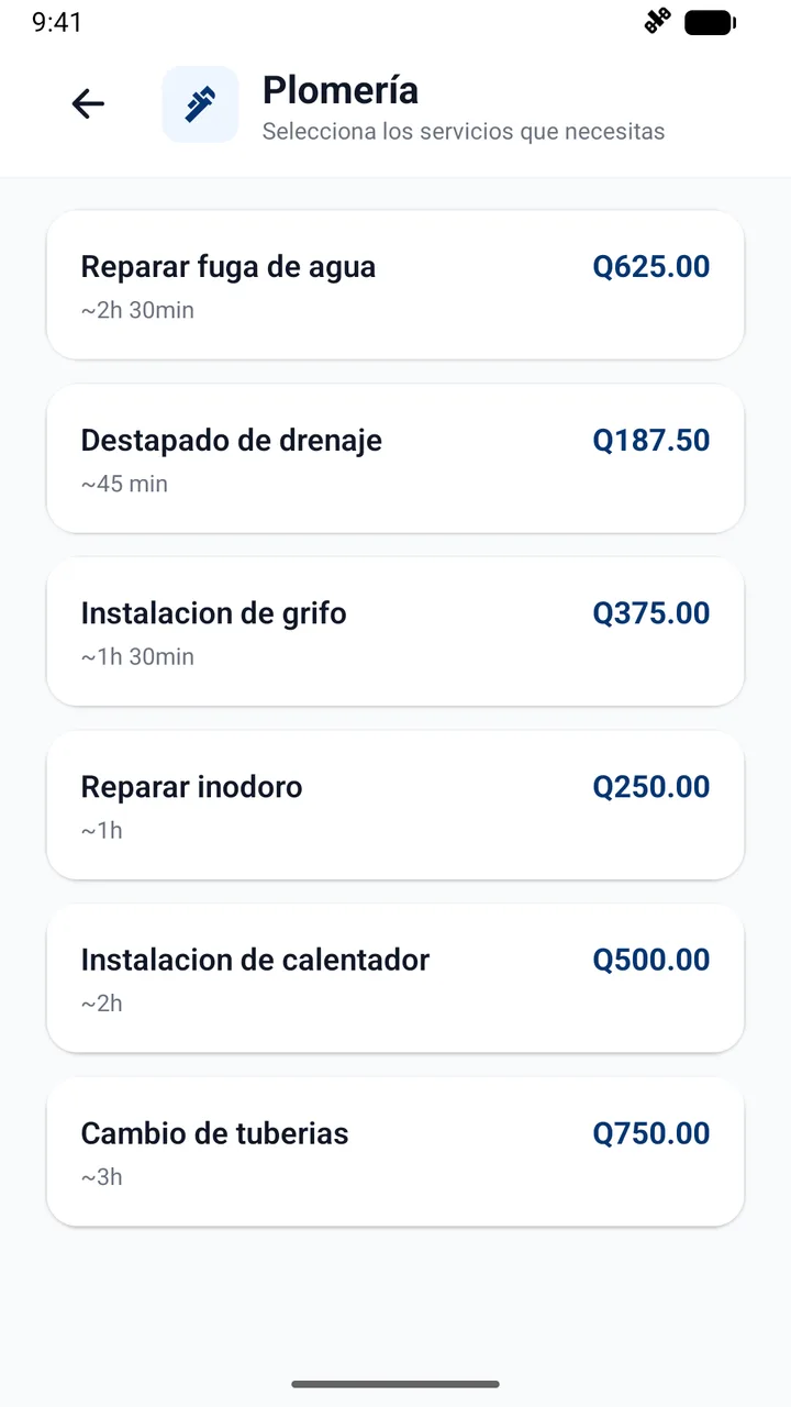 Lista de servicios de plomería en Jandi, cada uno con su precio en quetzales y duración aproximada